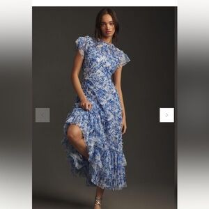 MAC DUGGAL High Neck Ruffle Cap Sleeve Floral Dress